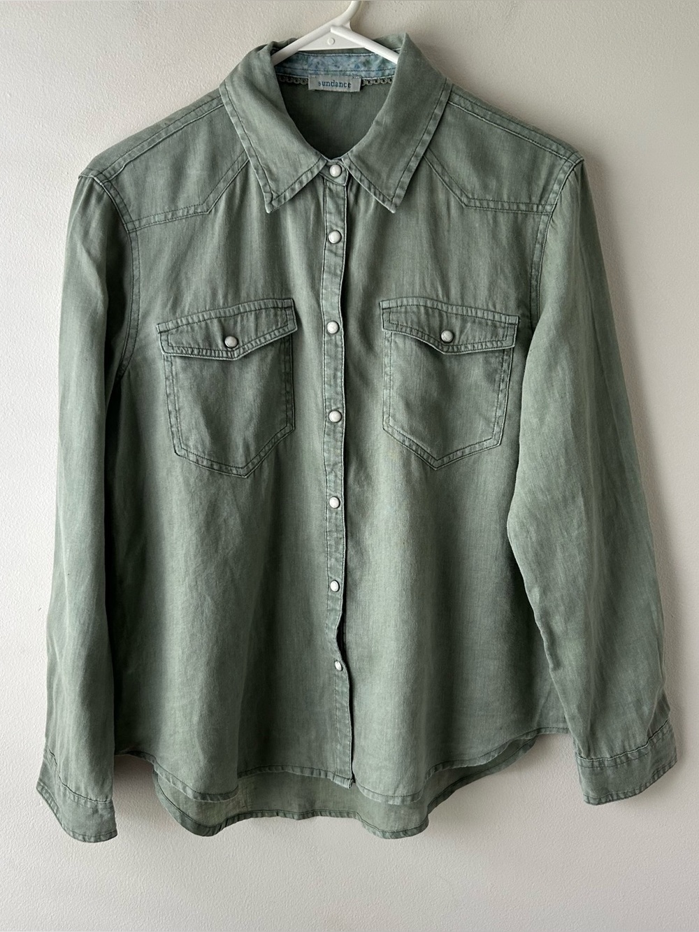 Sundance Western Button Up Shirt Top Pearl Snap Buttons Sage Green 100% Linen S